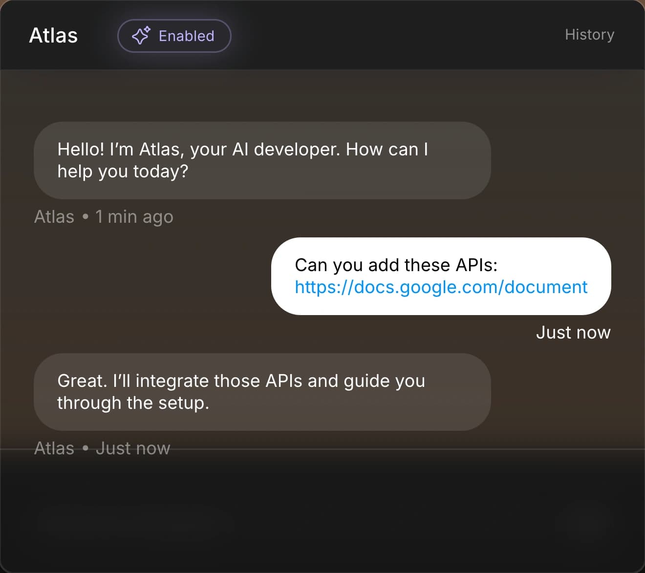 Atlas chat panel showing a sample exchange about adding APIs to an agent setup.