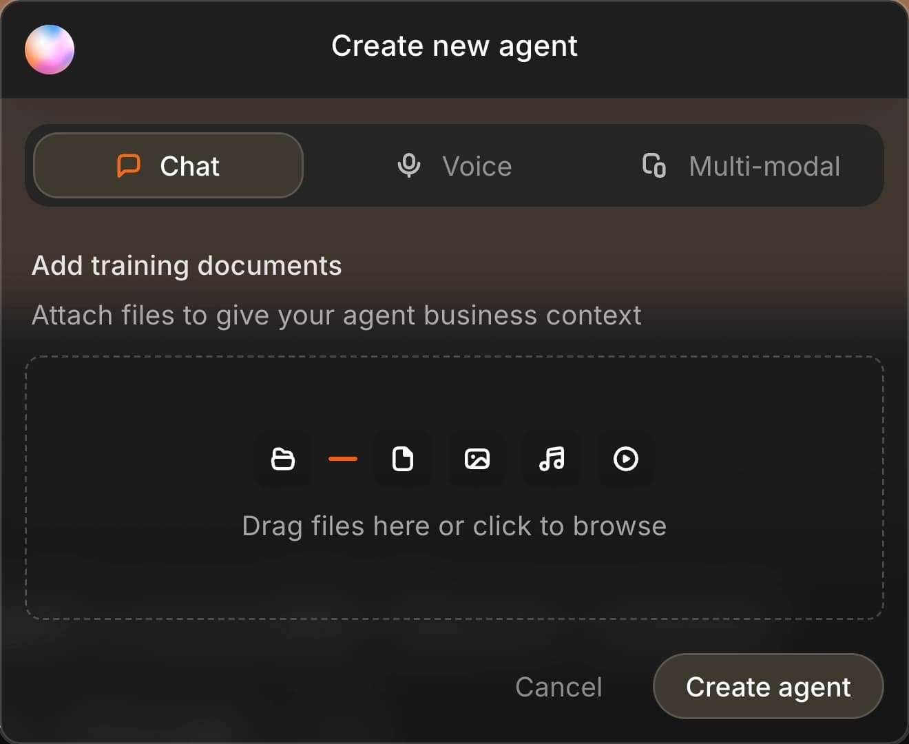 Agent Builder UI showing a new agent creation flow with chat / voice / multi-modal options and a training documents upload area.